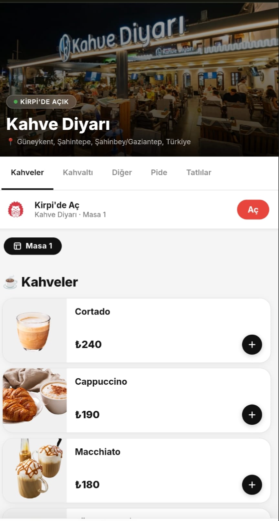QR menü ekranı